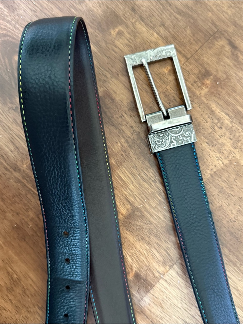 Robert Graham Reversible Black Brown Leather Belt Rainbow Stitching Size 40